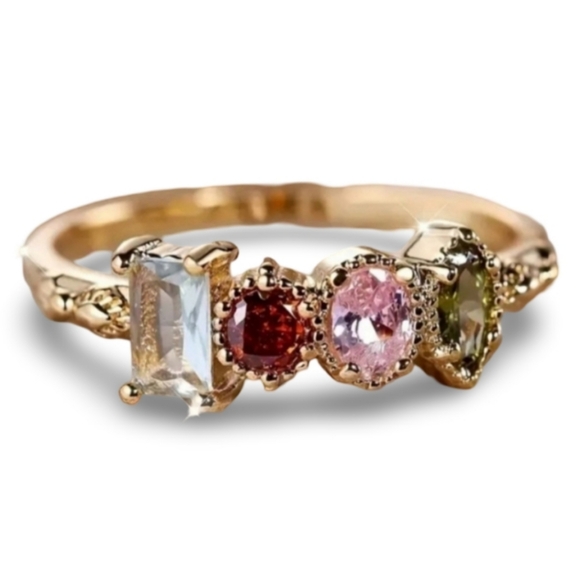 Jewelry - Sz 5.75 Four Gem Stone & Gold Tone Copper Alloy Ring